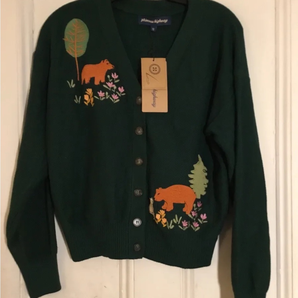 Modcloth Princess Highway dark green cardigan with bear and white cat new tags